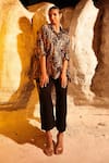 Buy_MEHER BY ISLIE_Black Summer Silk Printed Bobcat Collar Contra Shirt And Pant Set _at_Aza_Fashions