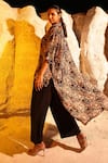 Shop_MEHER BY ISLIE_Black Summer Silk Printed Bobcat Collar Contra Shirt And Pant Set _at_Aza_Fashions