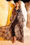 MEHER BY ISLIE_Black Summer Silk Printed Bobcat Ruffle Neck Contra Jacket Pant Set _Online_at_Aza_Fashions