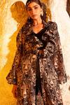 Buy_MEHER BY ISLIE_Black Summer Silk Printed Bobcat Ruffle Neck Contra Jacket Pant Set _Online_at_Aza_Fashions