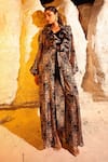 Buy_MEHER BY ISLIE_Black Summer Silk Printed Bobcat Ruffle Neck Contra Jacket Pant Set _at_Aza_Fashions