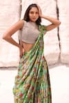 Buy_MEHER BY ISLIE_Green Natural Crepe Printed Botanical Farm Rio Draped Sharara Saree With Blouse _Online_at_Aza_Fashions