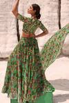 Shop_MEHER BY ISLIE_Green Summer Silk Printed Farm Scallop V Neck Rio Skirt Set _at_Aza_Fashions