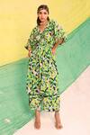 Buy_MEHER BY ISLIE_Green Natural Crepe Printed Lemon Zest V Neck Kaftan And Pant Set _at_Aza_Fashions