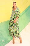 Shop_MEHER BY ISLIE_Green Natural Crepe Printed Lemon Zest V Neck Kaftan And Pant Set _at_Aza_Fashions