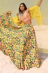 MEHER BY ISLIE_Green Kora Silk Printed Lemon Zest V Neck Skirt Set _Online_at_Aza_Fashions