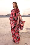 Buy_MEHER BY ISLIE_Multi Color Natural Crepe Printed Maple Leaf Round Cape Draped Skirt Set _Online_at_Aza_Fashions