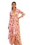 MEHER BY ISLIE_Pink Natural Crepe Printed Botanical V Neck Picasso Dress _Online_at_Aza_Fashions