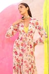 Buy_MEHER BY ISLIE_Pink Natural Crepe Printed Botanical V Neck Picasso Dress _Online_at_Aza_Fashions