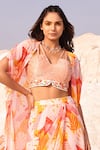 MEHER BY ISLIE_Pink Cape And Skirt Natural Crepe Printed Swiss Cheese Cape Open Set _Online_at_Aza_Fashions