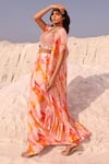 Shop_MEHER BY ISLIE_Pink Cape And Skirt Natural Crepe Printed Swiss Cheese Cape Open Set _Online_at_Aza_Fashions