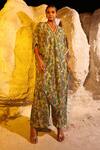 Buy_MEHER BY ISLIE_Multi Color Natural Crepe Printed Zebrula V Neck Kaftan And Pant Set _at_Aza_Fashions