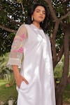 Shop_MEHER BY ISLIE_White Cotton Embroidery Floral Stand Collar Jewelled Rose Bud Shirt Dress _Online_at_Aza_Fashions