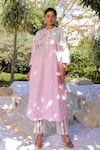 Shop_MEHER BY ISLIE_Pink Cotton Placement Embroidery Floral Collared Neck Tunic With Pant _at_Aza_Fashions