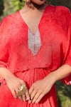 Buy_MEHER BY ISLIE_Red Natural Crepe Print Floral V Neck Scarlet Rose Fringe Kaftan _Online_at_Aza_Fashions