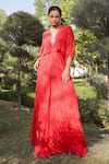 Buy_MEHER BY ISLIE_Red Natural Crepe Print Floral V Neck Scarlet Rose Fringe Kaftan _at_Aza_Fashions