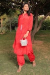 Shop_MEHER BY ISLIE_Red Natural Crepe Print Floral Notched Scarlet Rose Kurta With Pant _Online_at_Aza_Fashions