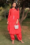 Buy_MEHER BY ISLIE_Red Natural Crepe Print Floral Notched Scarlet Rose Kurta With Pant _at_Aza_Fashions