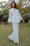 MEHER BY ISLIE_Blue Natural Crepe Placement Embellished Tassel Collared Neck Shirt With Pant _Online_at_Aza_Fashions