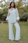 Buy_MEHER BY ISLIE_Blue Natural Crepe Placement Embellished Tassel Collared Neck Shirt With Pant _at_Aza_Fashions