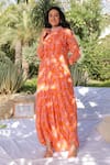 MEHER BY ISLIE_Orange Natural Crepe Print Floral High Round Harem Jumpsuit _Online_at_Aza_Fashions