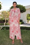 MEHER BY ISLIE_Red Natural Crepe Printed Blossoming V Neck Kurta And Pant Set _Online_at_Aza_Fashions