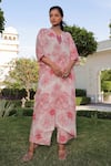 Buy_MEHER BY ISLIE_Red Natural Crepe Printed Blossoming V Neck Kurta And Pant Set _at_Aza_Fashions