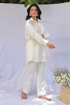 MEHER BY ISLIE_White Linen Embroidery Thread Collar Hibiscus Shirt And Pant Set _Online_at_Aza_Fashions