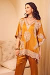 Swish By Dolcy And Simran_Yellow Satin Silk Lining Shantoon Embroidery Seher Gullista Kaftan With Pant _Online_at_Aza_Fashions