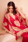 Swish By Dolcy And Simran_Pink Satin Silk Lining Shantoon Seher Gullistta Bloom Kaftan With Pant _Online_at_Aza_Fashions