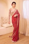 Buy_Swish By Dolcy And Simran_Maroon Organza Lining Shantoon Riyaaz Gullista Bahar Border Saree With Blouse _at_Aza_Fashions