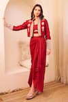 Buy_Swish By Dolcy And Simran_Maroon Satin Silk Lining Shantoon Chaand Padma Jacket Draped Dhoti Skirt Set _at_Aza_Fashions