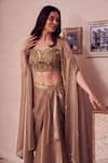 Shop_Swish By Dolcy And Simran_Gold Glass Organza Lining Shantoon Allure Bloom Cape Draped Skirt Set _Online_at_Aza_Fashions