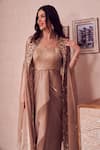 Swish By Dolcy And Simran_Gold Glass Organza Lining Shantoon Bloom Cape With Waterfall Drape Gown _Online_at_Aza_Fashions