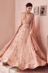 Shop_Swish By Dolcy And Simran_Rose Gold Organza Embroidery Sequin V Neck Haze Fleur Bridal Lehenga Set _at_Aza_Fashions