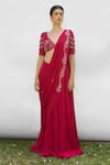 Buy_AMRTA by GUNEET KONDAL_Pink Pre-draped Saree Shell -100% Chinon Hand Embroidered Flower Pleated Set _at_Aza_Fashions