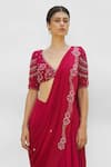 AMRTA by GUNEET KONDAL_Pink Pre-draped Saree Shell -100% Chinon Hand Embroidered Flower Pleated Set _Online_at_Aza_Fashions