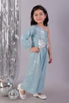 Shop Lil Drama Blue Polyester Bows Sequin Embroidered One-shoulder Jumpsuit Online at Aza Fashions Shop_Lil Drama_Blue Polyester Bows Sequin Embroidered One-shoulder Jumpsuit _Online_at_Aza_Fashions