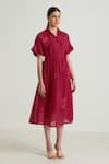 Arcvsh by Pallavi Singh_Fuchsia Gauze Linen Embroidered Floral Collared Carnation Midi Dress _Online_at_Aza_Fashions