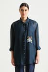 Buy_Arcvsh by Pallavi Singh_Blue Gauze Linen Hand Embroidered Country House Collared Front Shirt With Pant _Online_at_Aza_Fashions