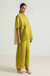 Shop_Arcvsh by Pallavi Singh_Yellow Organza Lace Collared Detailed Asymmetric Shirt With Pant 