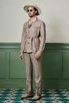 Asuka_Beige Herringbone Textured Linen Plain Jacket With Trouser _Online_at_Aza_Fashions