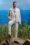 Buy_Asuka_Beige Self Stripe Linen Desert Dune Trucker Jacket _at_Aza_Fashions