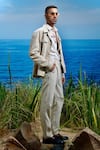 Buy_Asuka_Beige Self Stripe Linen Desert Dune Trucker Jacket _Online_at_Aza_Fashions