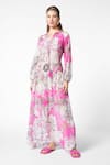 Buy_Ekastories_Pink Chanderi Mul Print Petunia Bloom Notched Collar Blissful Maxi Dress _at_Aza_Fashions