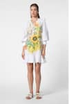 Buy_Ekastories_White Flex Print Sunflower V Neck Dreamy Reverie Short Dress _at_Aza_Fashions