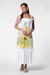 Buy_Ekastories_White Linen Flex Print Sunflower Magic Square Neck Wanderlust Midi Dress _at_Aza_Fashions