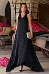 Buy_Gulaal_Black Modal Satin Embroidered Sequin V Neck Maxi Dress _at_Aza_Fashions