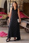 Buy_Gulaal_Black Modal Satin Embroidered Sequin V Neck Maxi Dress _Online_at_Aza_Fashions