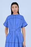 Leh Studios_Blue 100% Cotton Plain Round Collar Obi Color Block Dress _Online_at_Aza_Fashions